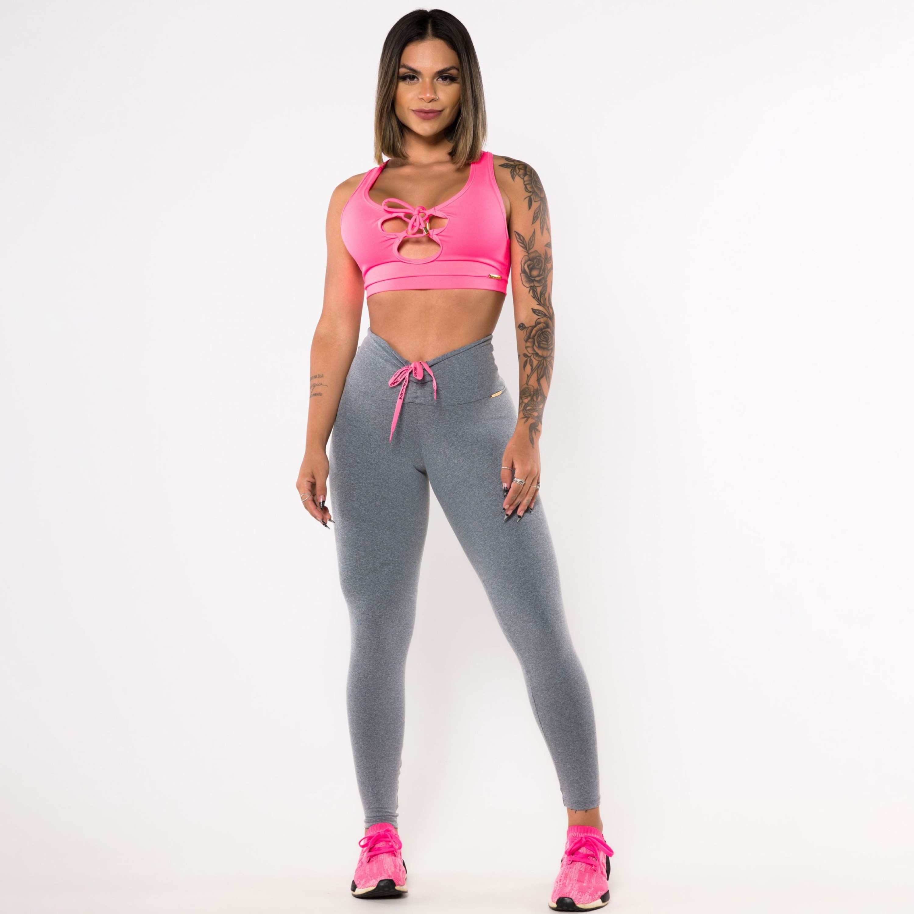 Legging Empina Bumbum Mescla com Cadarço Rosa Neon - Moving Fitness Wear