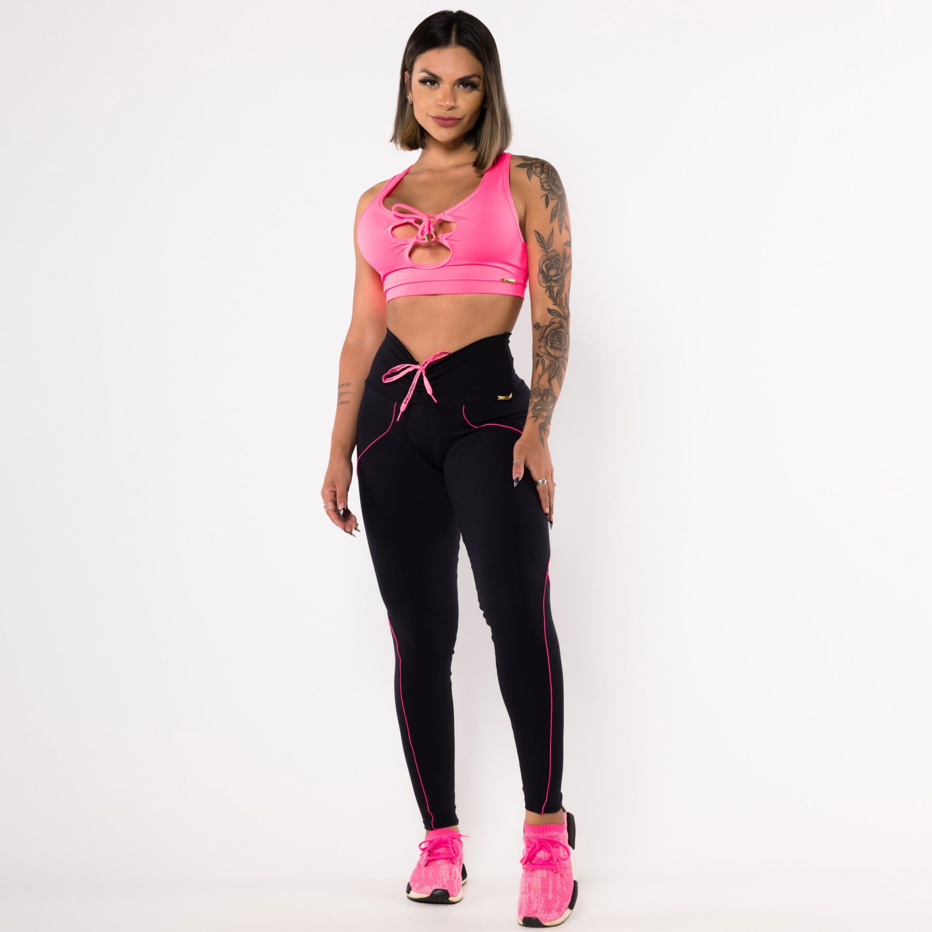 Legging Linear Empina Bumbum Preta com Cadar o Rosa Neon Moving