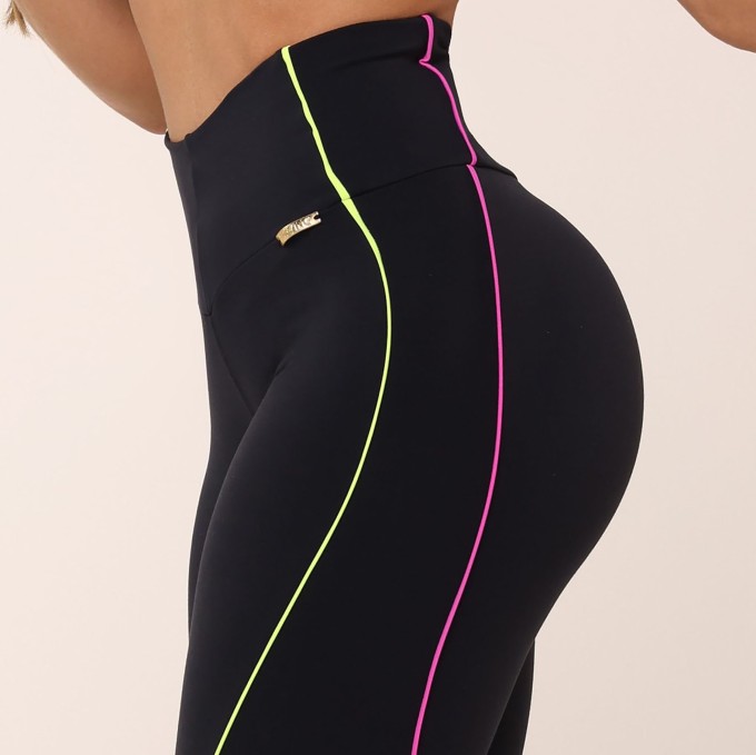 LEGGING HOPE COMUM PRETA COM AMARELO NEON E VIOLETA