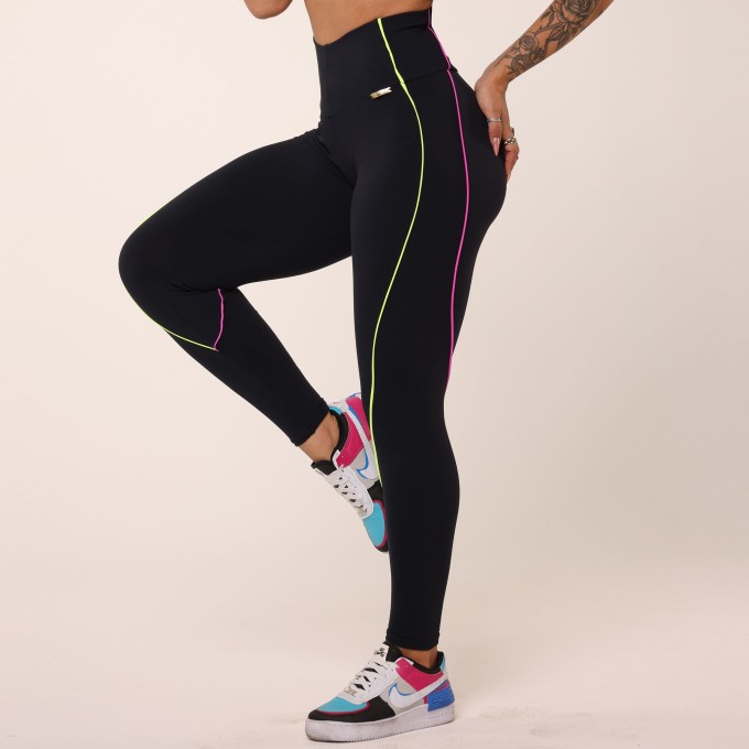 LEGGING HOPE COMUM PRETA COM AMARELO NEON E VIOLETA