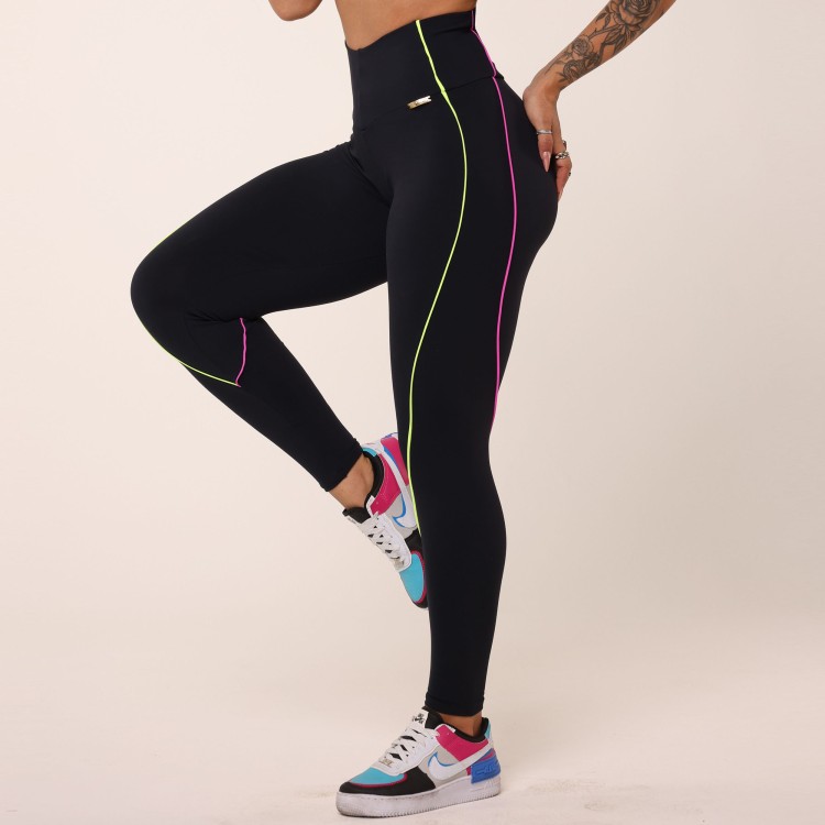 Legging Hope Comum Preta com Amarelo Neon e Violeta