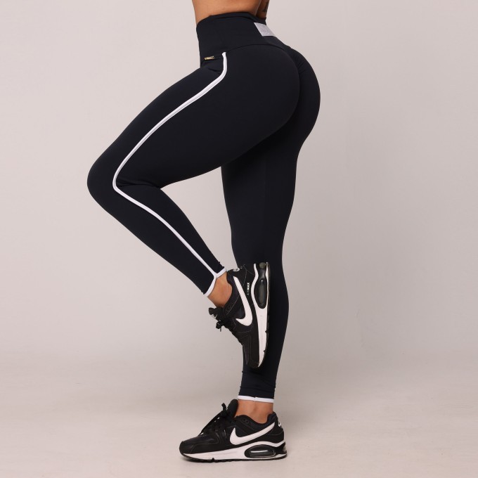 Legging Belt Empina Bumbum Preta com Elástico Branco