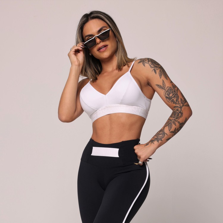 LEGGING BELT EMPINA BUMBUM PRETA COM ELÁSTICO BRANCO