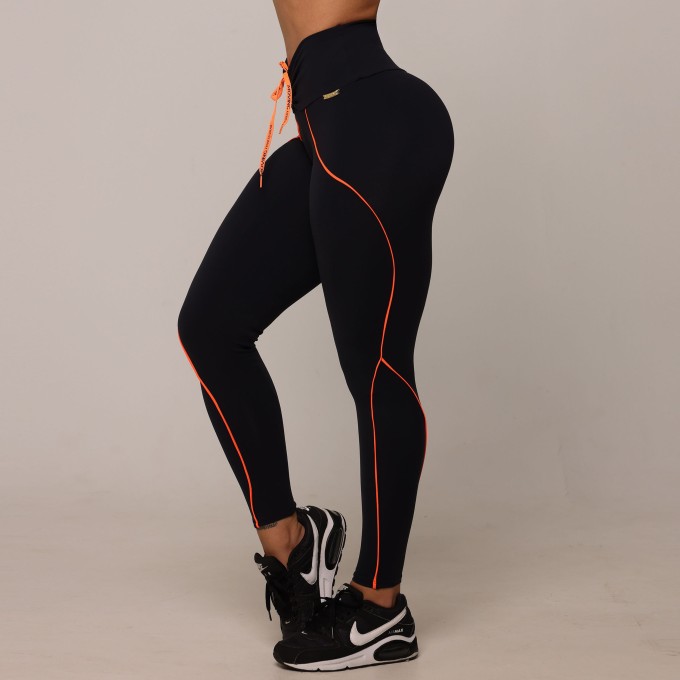 Legging Linear Empina Bumbum Preta com Cadarço Laranja Neon