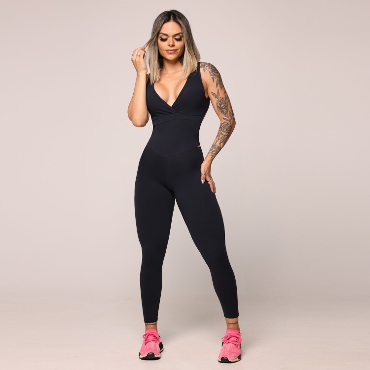MACACÃO NOCAUTE EMPINA BUMBUM PRETO COM ELÁSTICO ROSA NEON