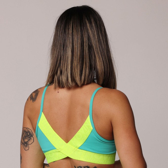 TOP MILANO TURQUESA COM ELÁSTICO AMARELO NEON