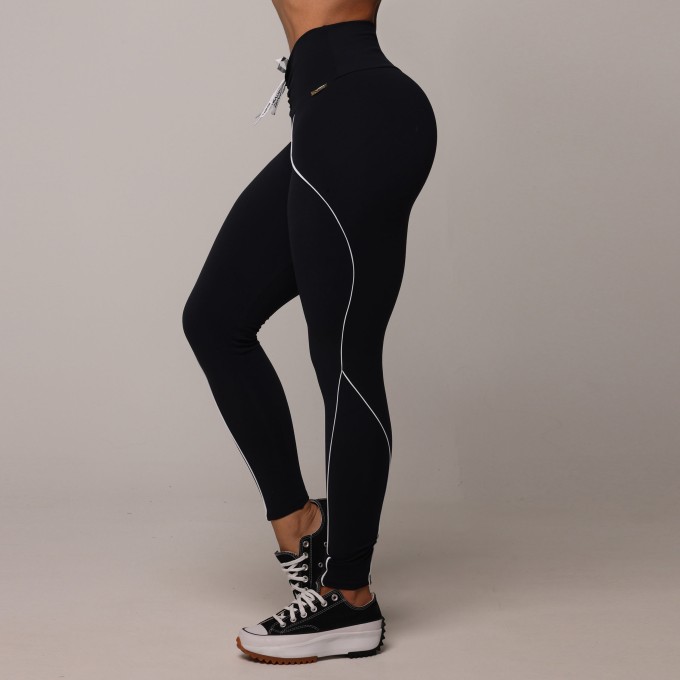 Legging Linear Empina Bumbum Preta com Cadarço Branco