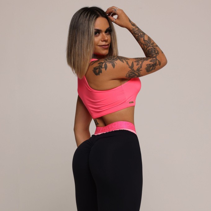 LEGGING BOXER EMPINA BUMBUM PRETA COM ELASTICO ROSA NEON