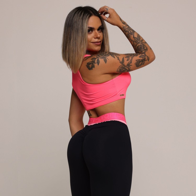 LEGGING BOXER EMPINA BUMBUM PRETA COM ELASTICO ROSA NEON
