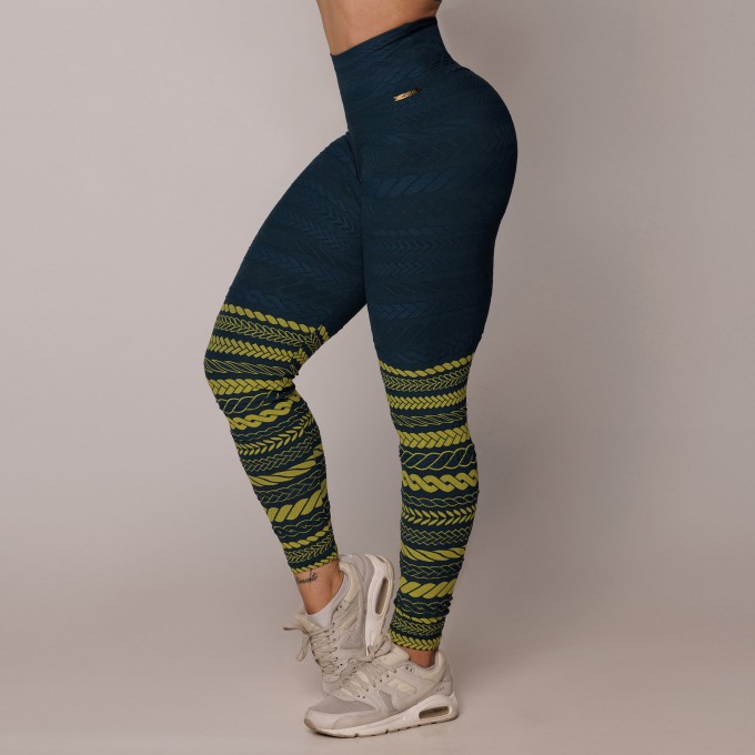 LEGGING EMPINA BUMBUM JACQUARD TRIBAL LIME BARRADO