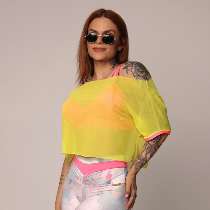 CROPPED OMBRO A OMBRO DE TULE AMARELO NEON