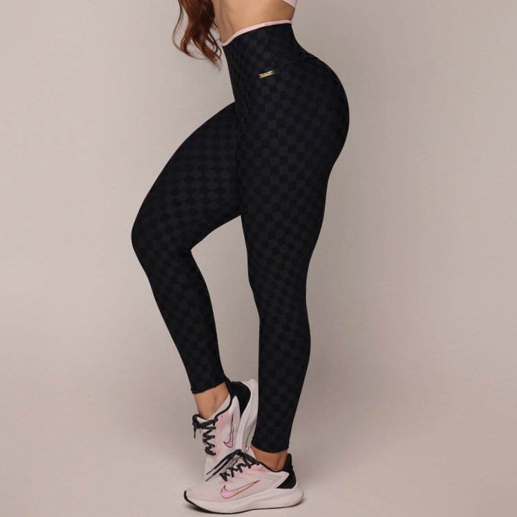 LEGGING BICOLOR EMPINA BUMBUM JACQUARD XEQUE-MATE PRETO