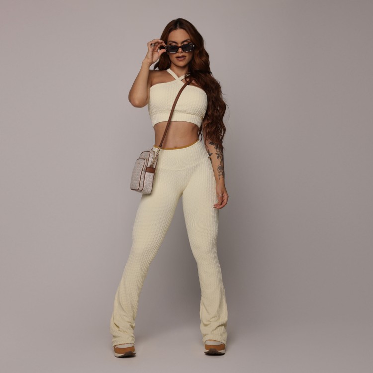 CALÇA FLARE JACQUARD SAVOIR BAUNILHA