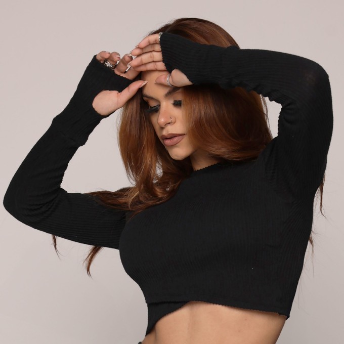 CROPPED MALTA MANGA LONGA CANELADO PRETO