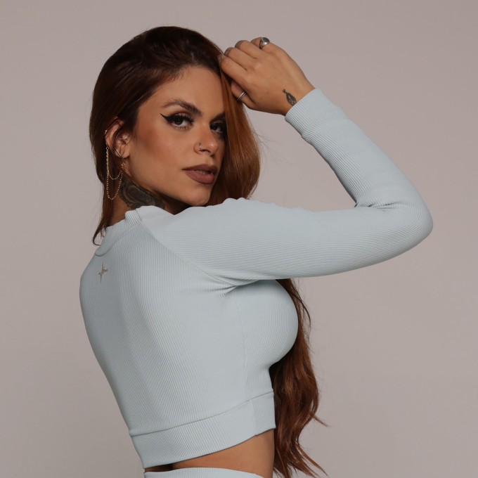 CROPPED CARMEL MANGA LONGA JACQUARD CANELADO AZUL SERENITY
