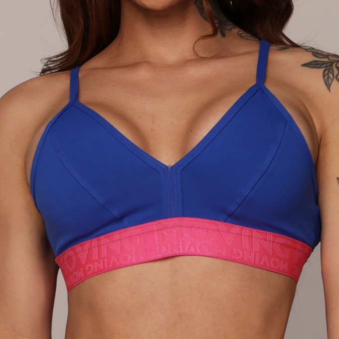 TOP MILANO AZUL SAFIRA COM ELÁSTICO ROSA NEON