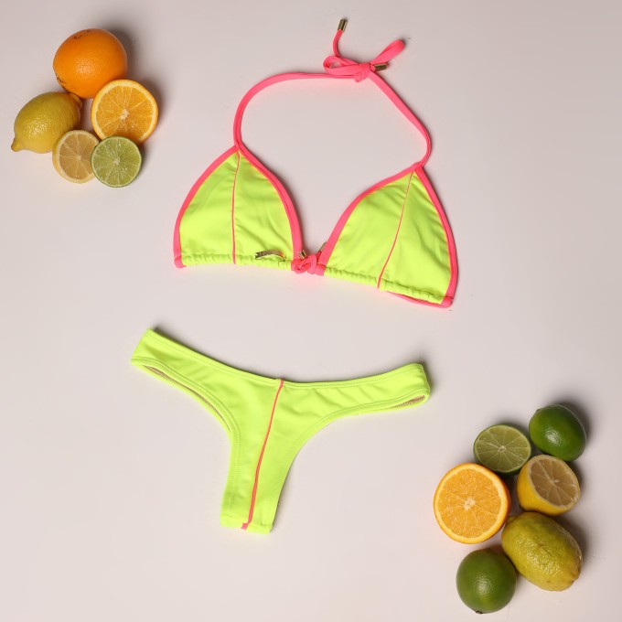 BIQUÍNI CORTININHA AMARELO NEON COM ROSA FLÚOR