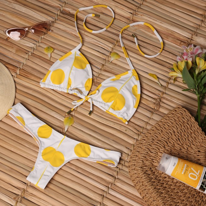 BIQUÍNI CORTININHA POÁ AMARELO COM BRANCO